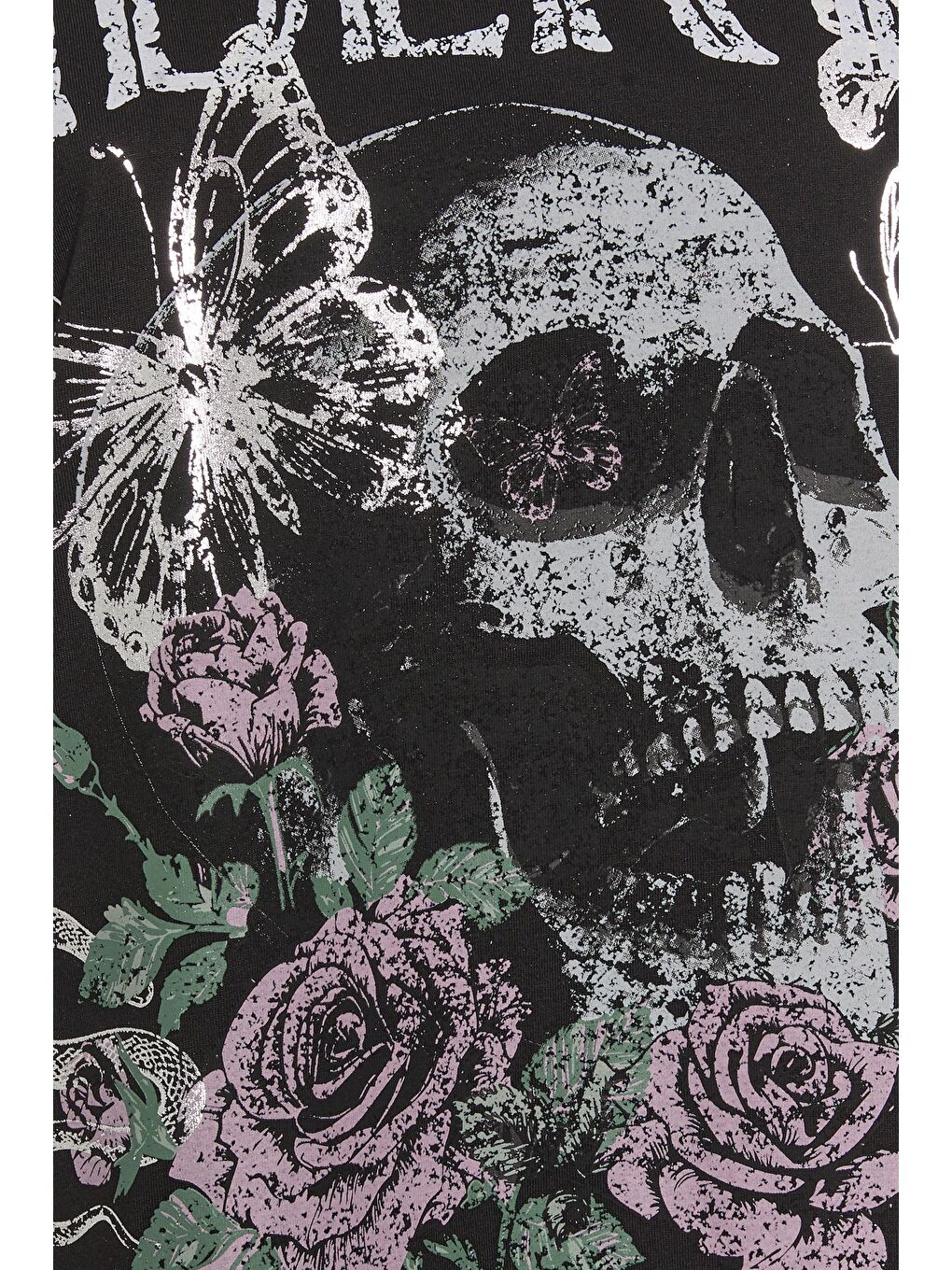 Siyah Büyük Beden Bisiklet Yaka Kol Detaylı Kuru Kafa Baskılı T-shirt 322639-6