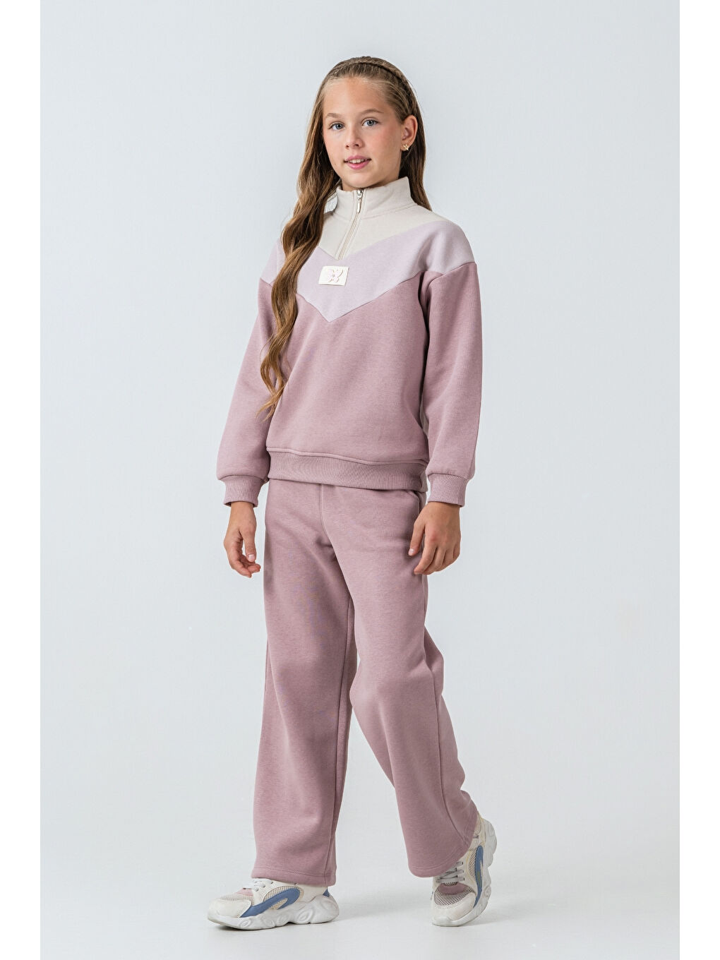 Pembe Kız Çocuk Kelebek Detaylı Yarım Fermuarlı 3 İplik Kalın Kışlık Eşofman Takımı Ak4233-3