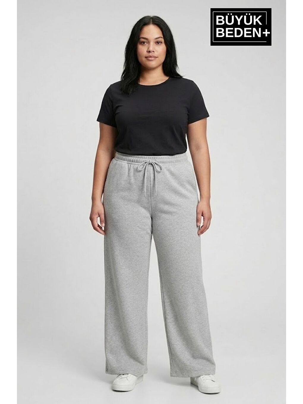 Gri Kadın Büyük Beden Bol Paça Yüksek Bel Lastikli Salaş Eşofman Altı SPR26BEA988