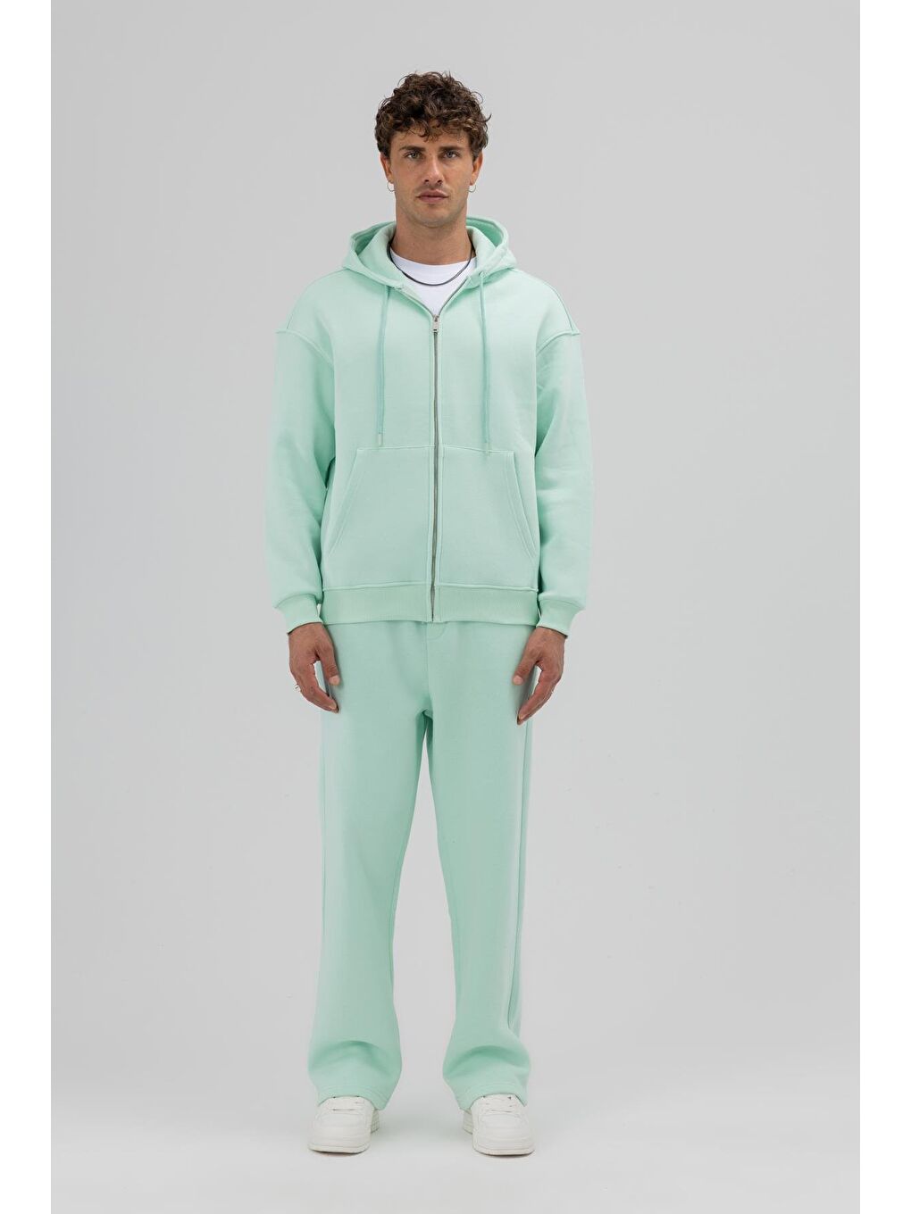 Yeşil Basic Fermuarlı Oversize Kapüşonlu Sweatshirt Mint