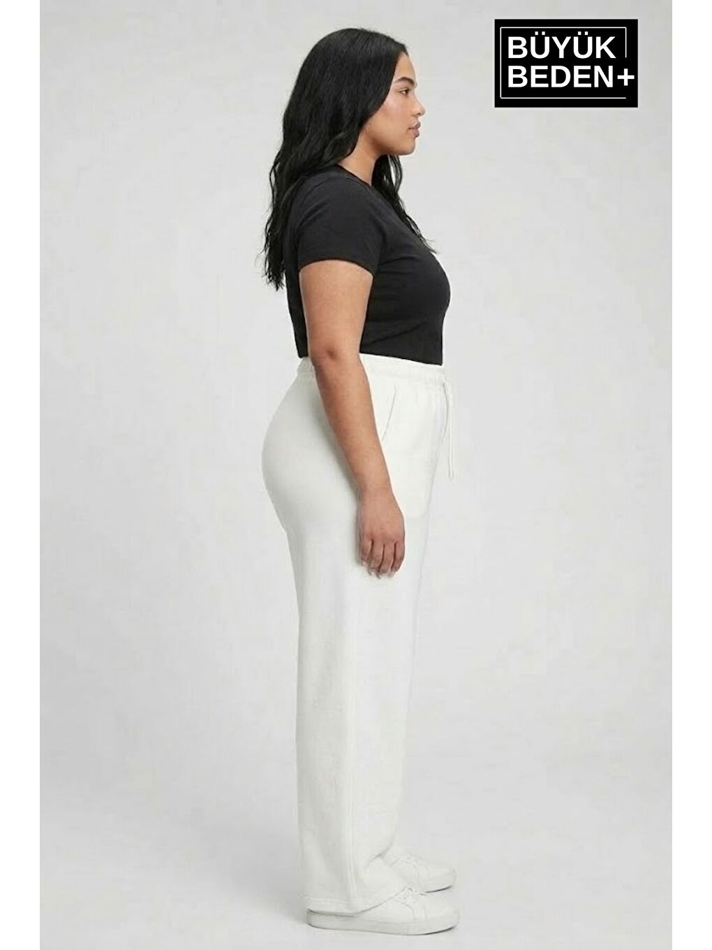 Ekru Kadın Büyük Beden Bol Paça Yüksek Bel Lastikli Salaş Eşofman Altı SPR26BEA988-1