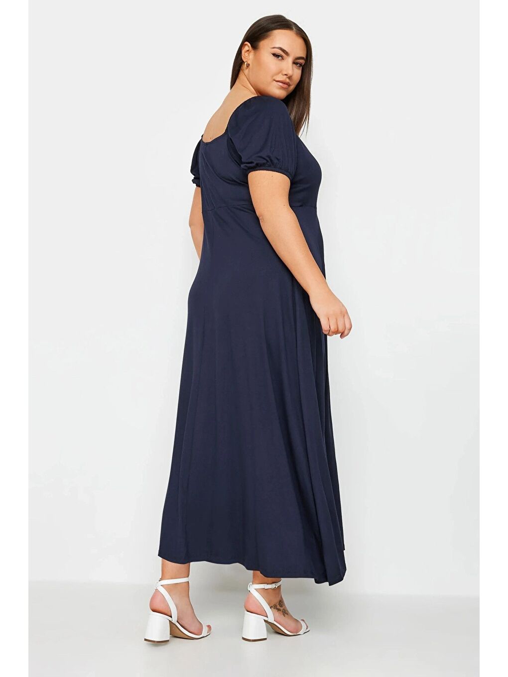 Lacivert Büyük Beden Göğüs Dekolteki V Yaka Beli Lastikli Maxi Elbise 302970-4