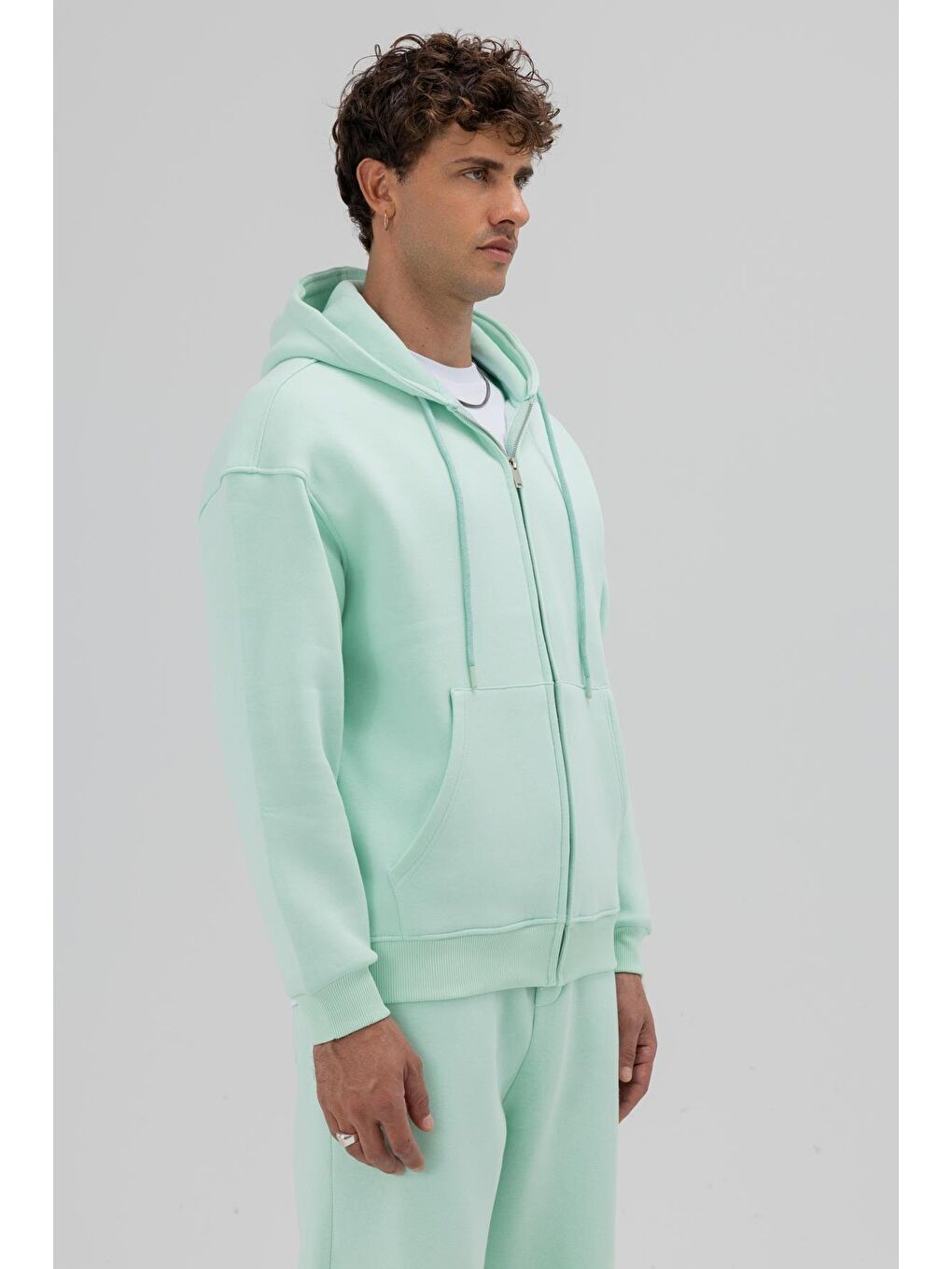 Yeşil Basic Fermuarlı Oversize Kapüşonlu Sweatshirt Mint-1