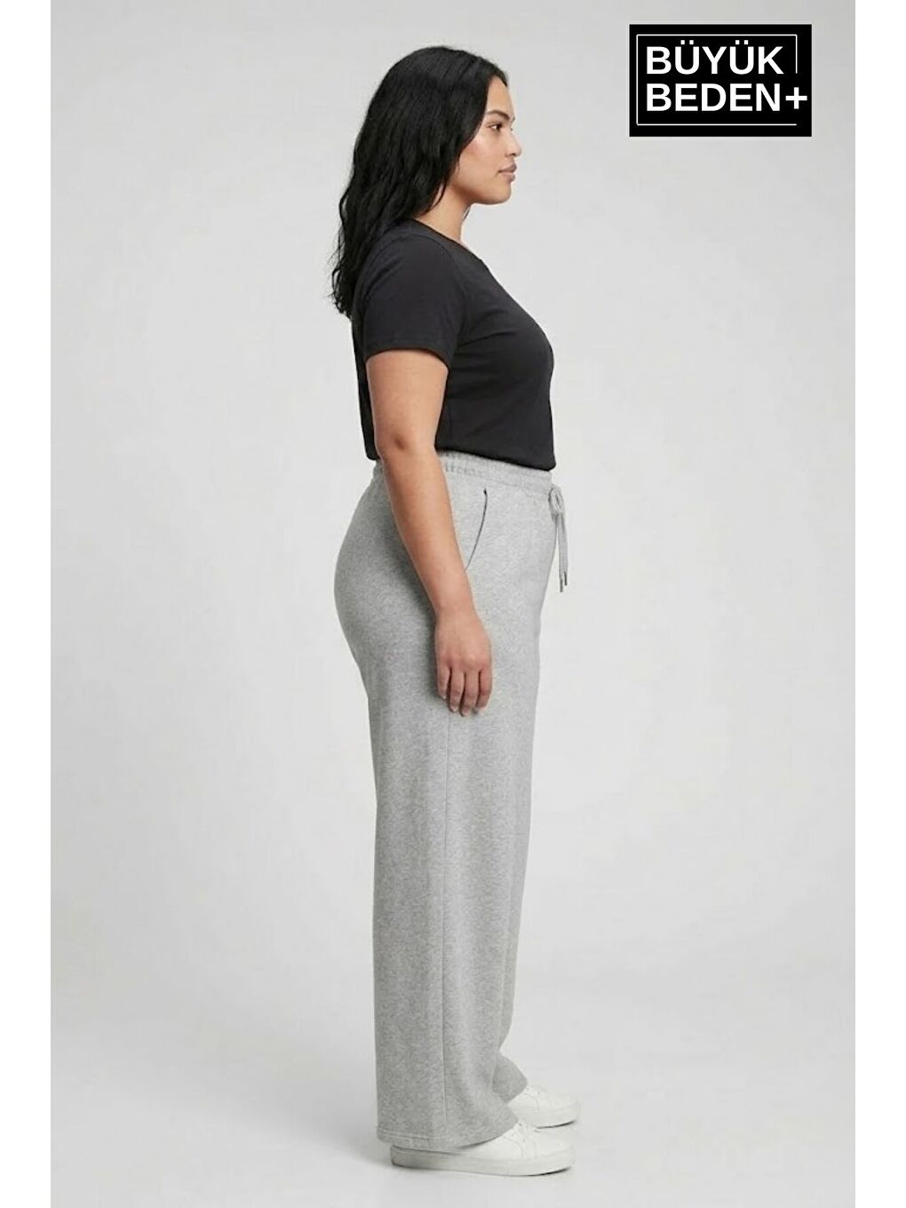 Gri Kadın Büyük Beden Bol Paça Yüksek Bel Lastikli Salaş Eşofman Altı SPR26BEA988-1