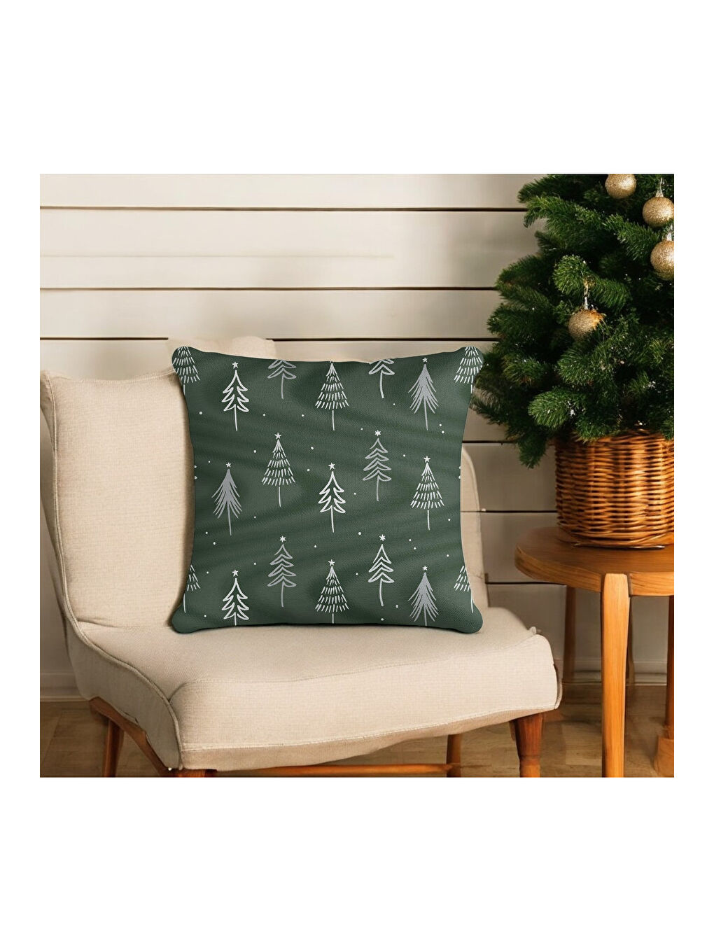 Gri Yılbaşı Temalı Çam Ağacı  Desenli Dekoratif  Kırlent Kılıfı - Yeşil 43x43-1