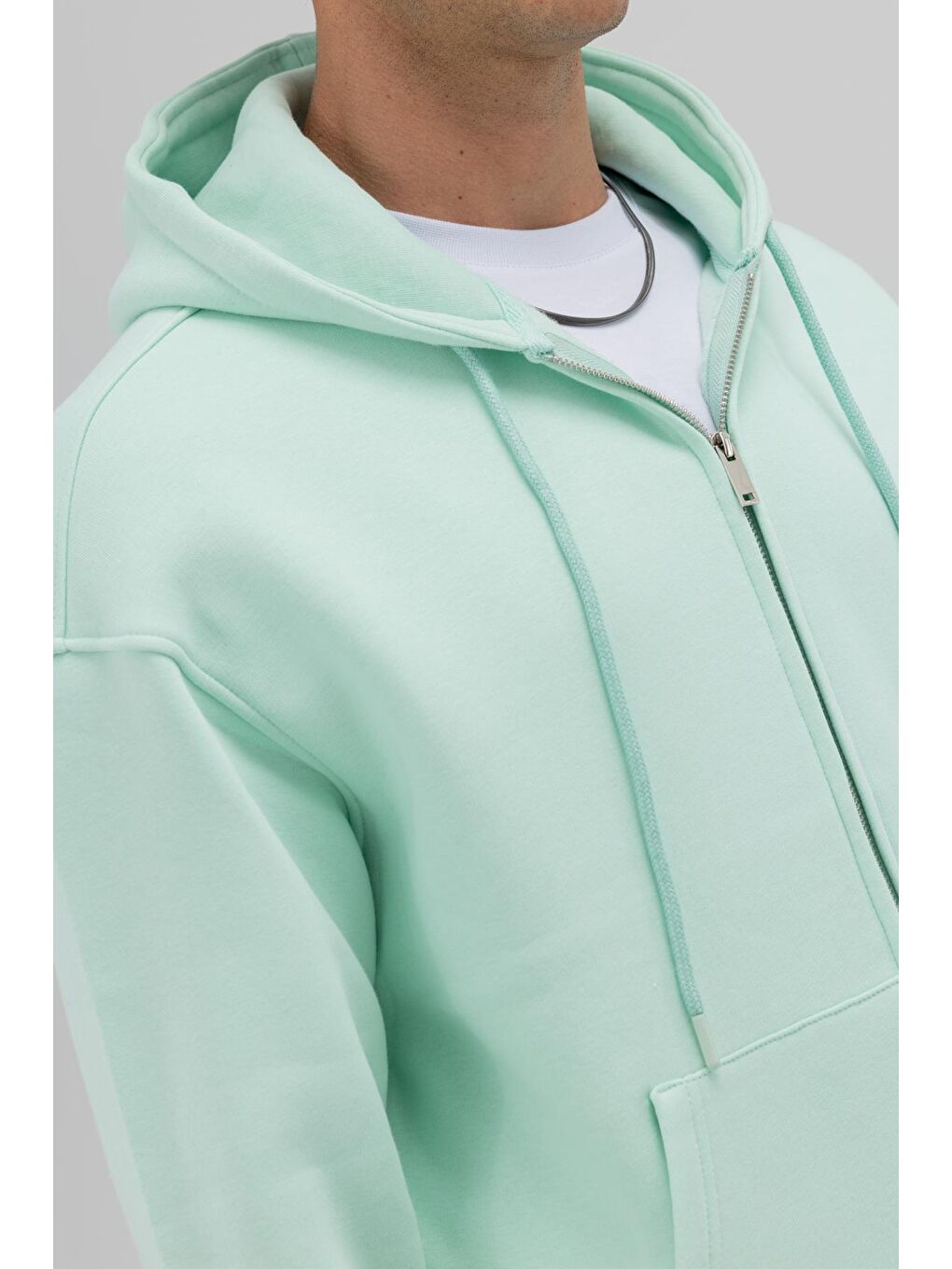 Yeşil Basic Fermuarlı Oversize Kapüşonlu Sweatshirt Mint-2