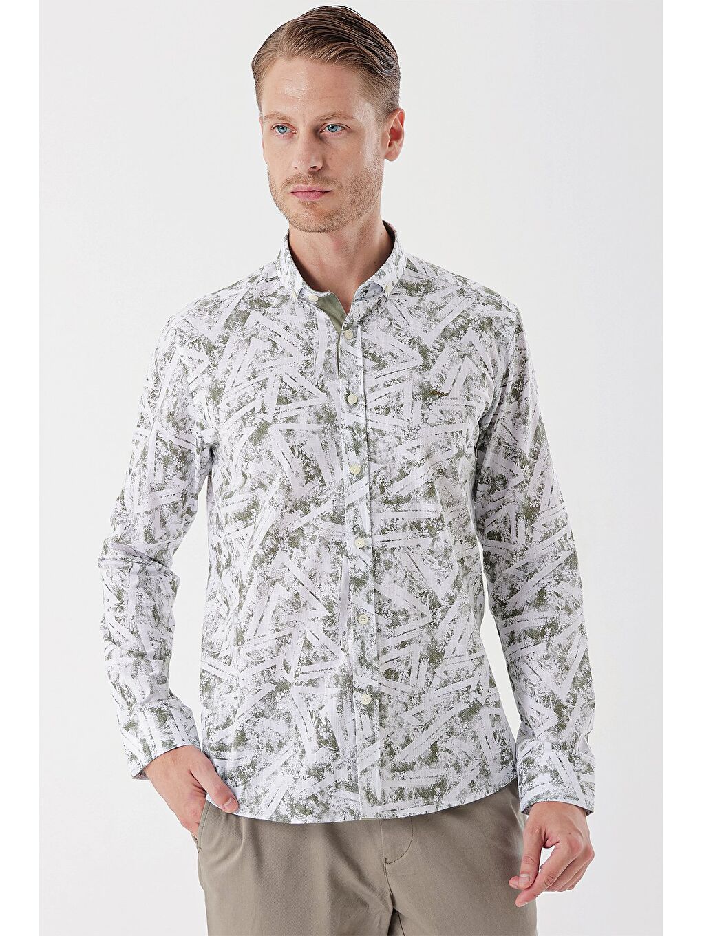 Beyaz Uzun Kollu Baskılı Bez Ayağı Cepsiz Garnili Klasik Slim Fit Dar Kesim Gömlek 1004230229