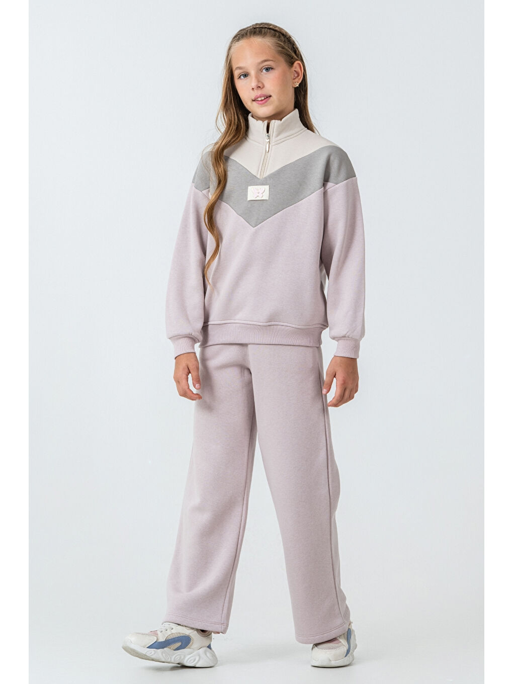 Lila Kız Çocuk Kelebek Detaylı Yarım Fermuarlı 3 İplik Kalın Kışlık Eşofman Takımı Ak4233-1