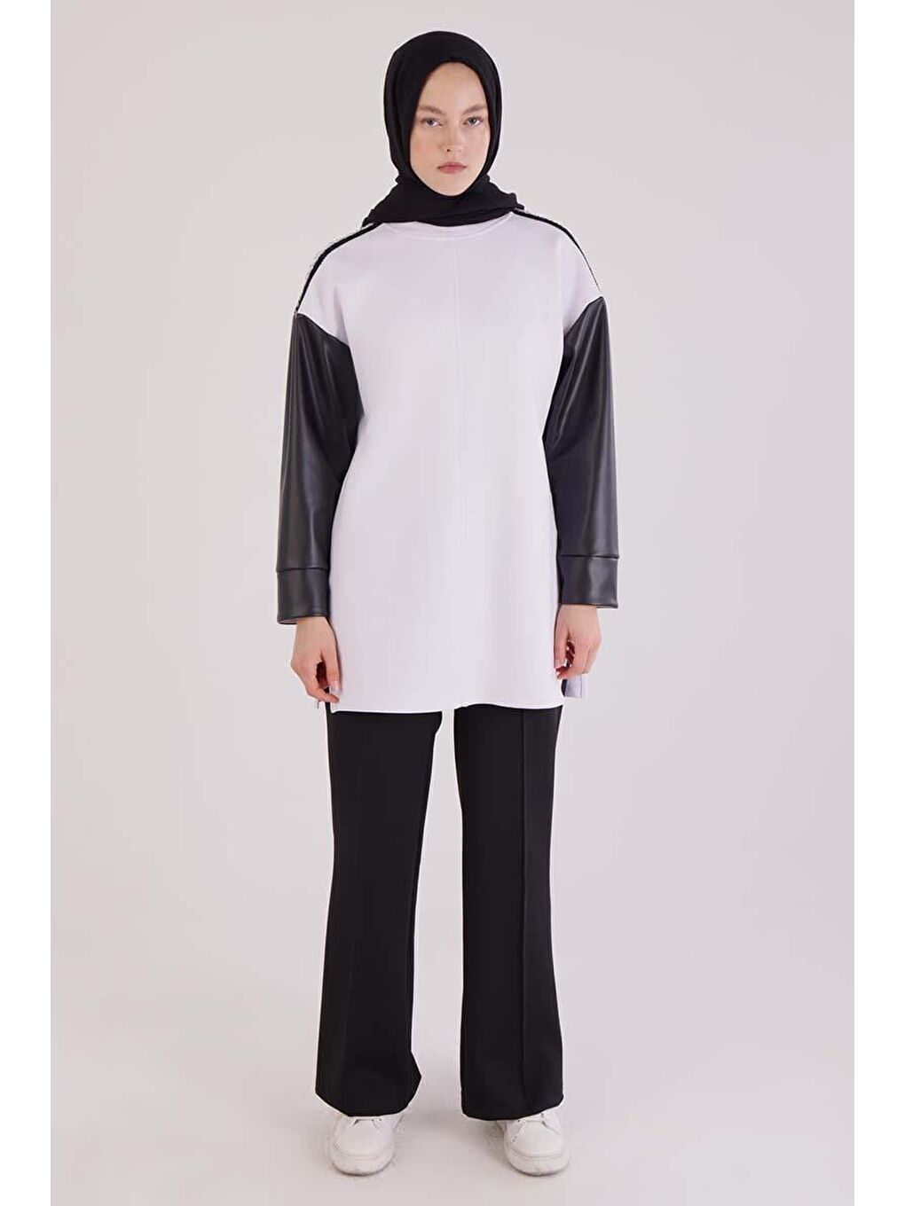 Beyaz-Kolları Deri Garnili Scuba Tunik-1