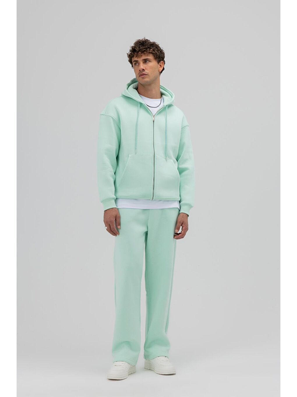 Yeşil Basic Fermuarlı Oversize Kapüşonlu Sweatshirt Mint-4