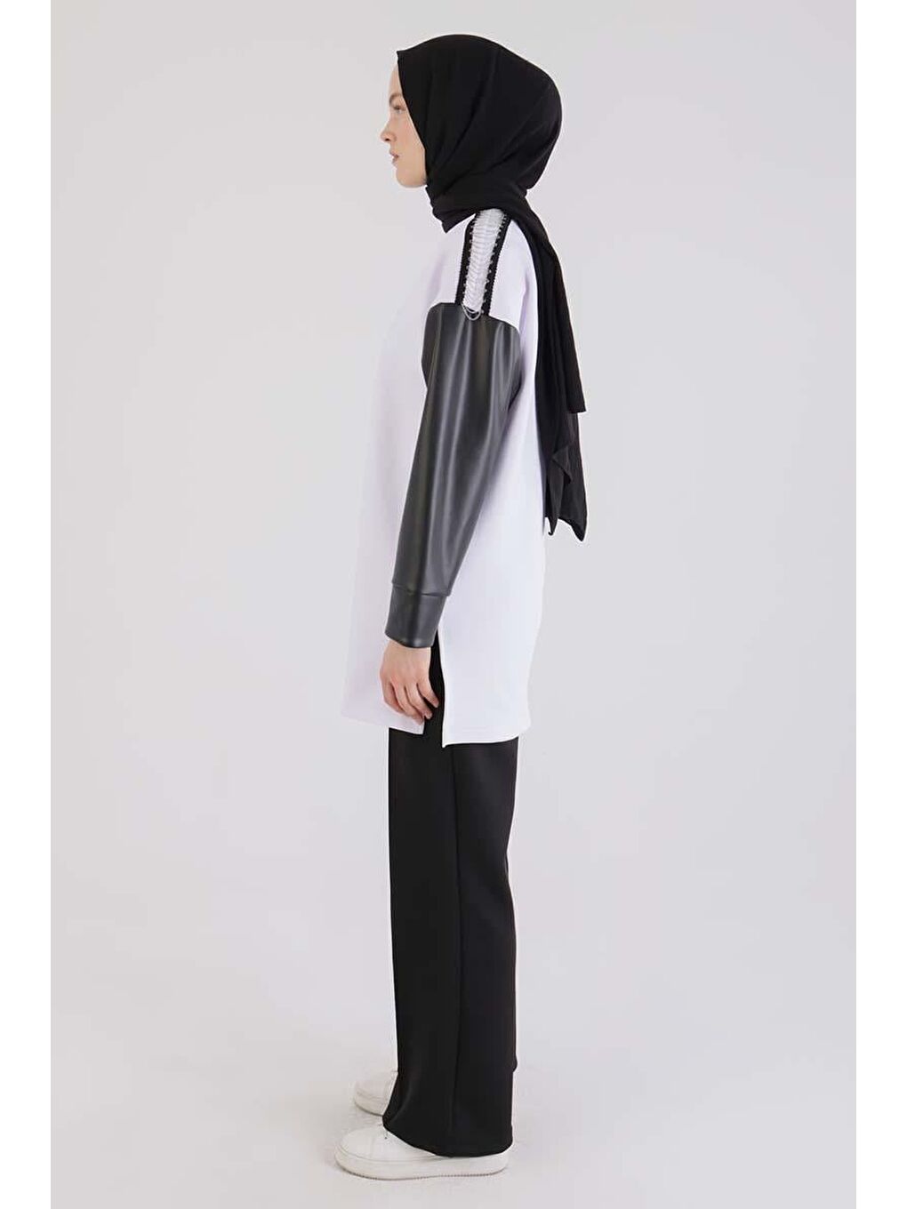 Beyaz-Kolları Deri Garnili Scuba Tunik-2