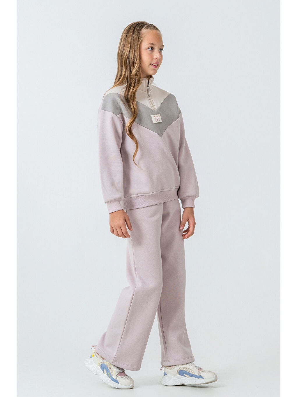 Lila Kız Çocuk Kelebek Detaylı Yarım Fermuarlı 3 İplik Kalın Kışlık Eşofman Takımı Ak4233-2