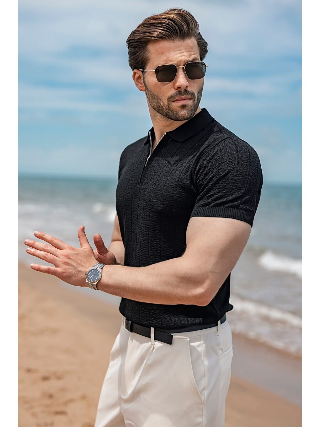 Siyah Regular Fit Polo Yaka Triko Erkek Tişört E7503-1