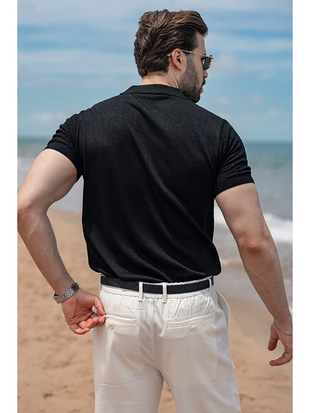 Siyah Regular Fit Polo Yaka Triko Erkek Tişört E7503-2