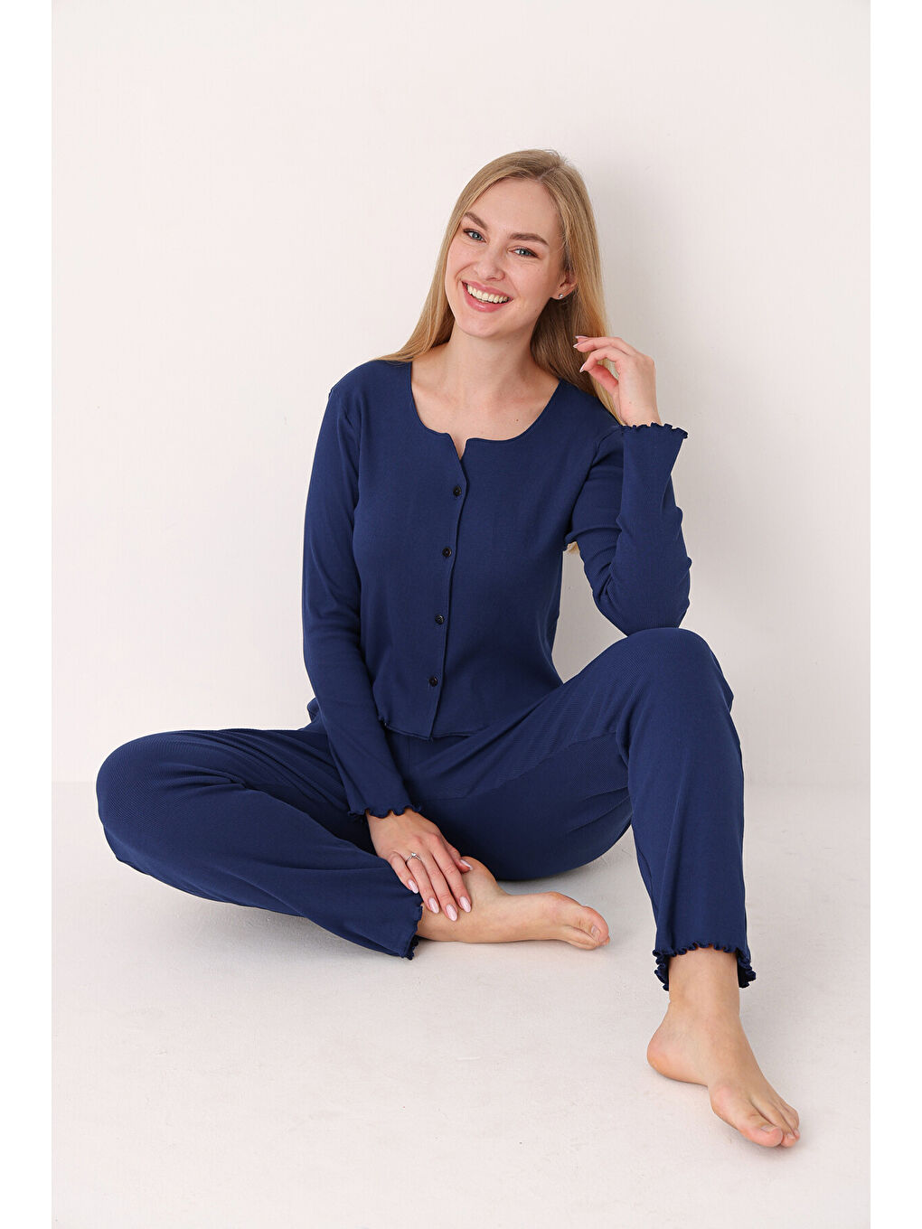 Lacivert Önden Düğmeli Pijama Takımı