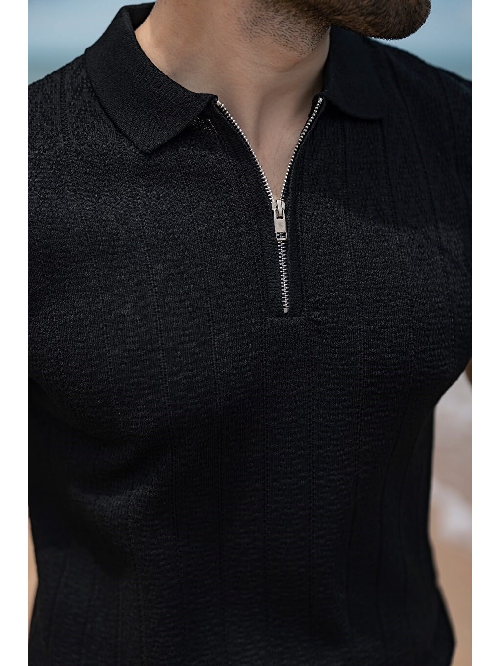 Siyah Regular Fit Polo Yaka Triko Erkek Tişört E7503-3