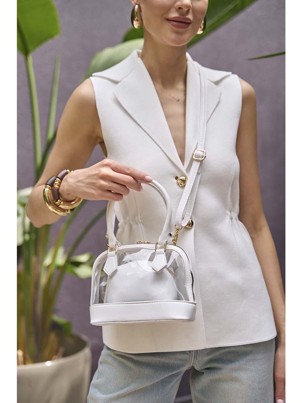 Şeffaf Mini El Ve Omuz  Çantası Beyaz-2
