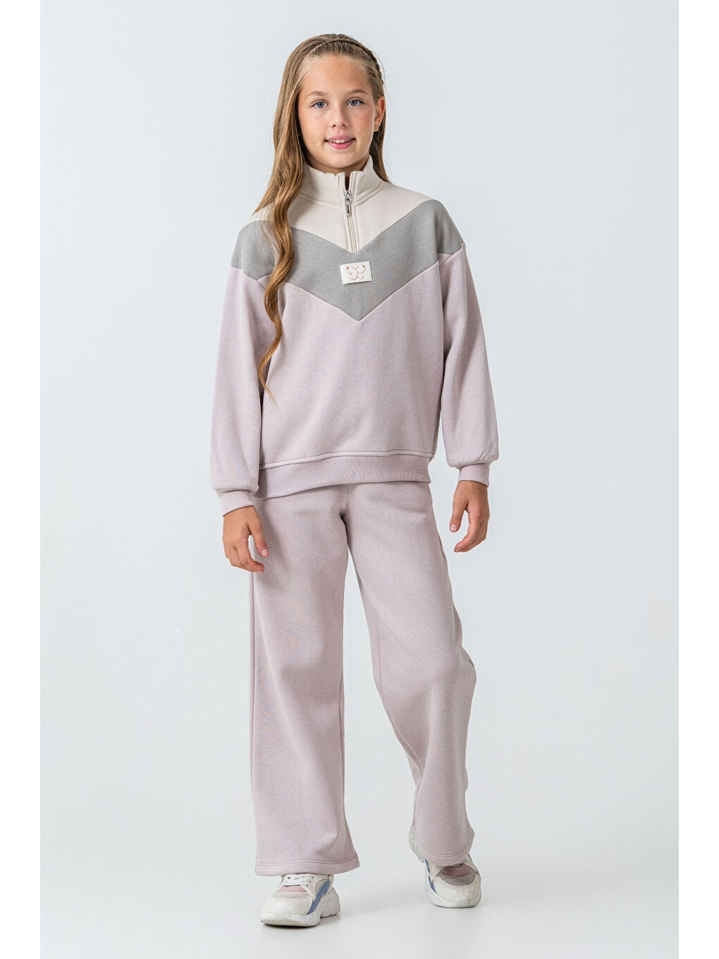 Lila Kız Çocuk Kelebek Detaylı Yarım Fermuarlı 3 İplik Kalın Kışlık Eşofman Takımı Ak4233-3