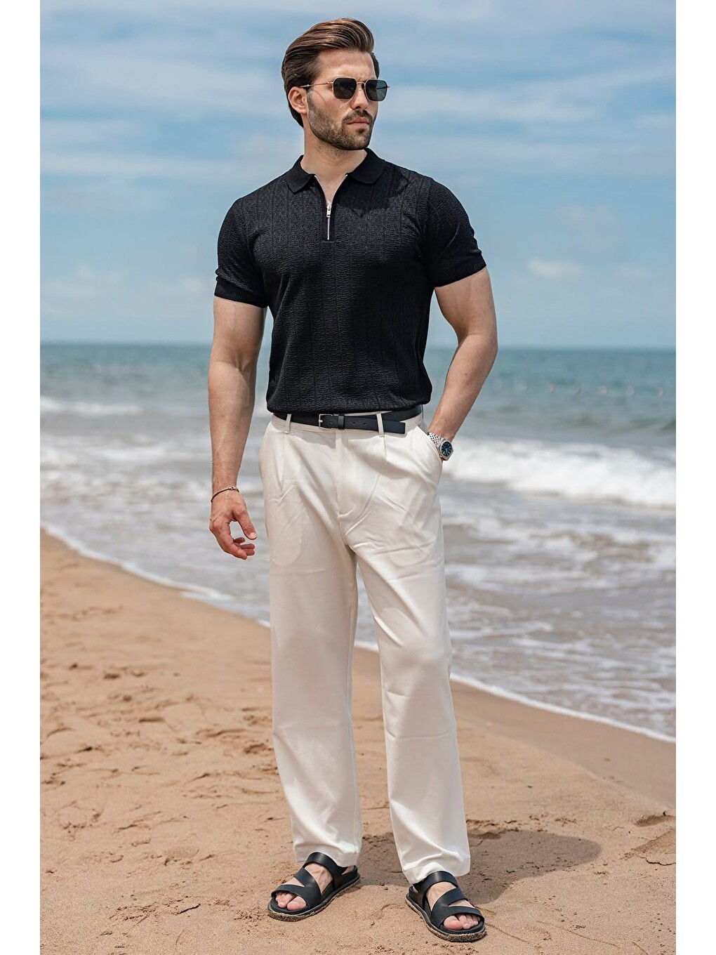 Siyah Regular Fit Polo Yaka Triko Erkek Tişört E7503-4