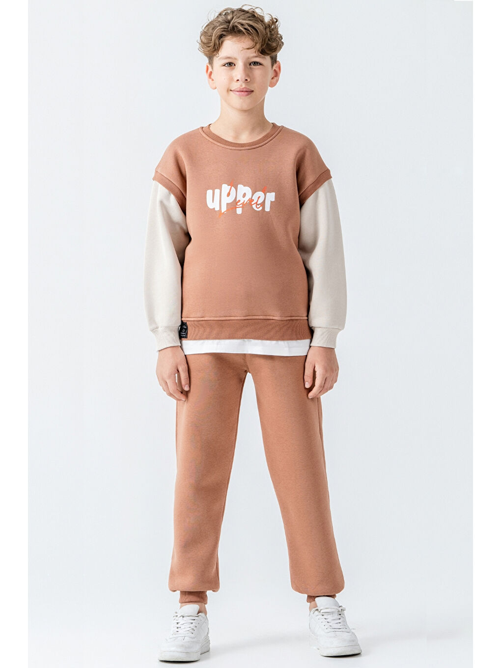 Kahverengi Erkek Çocuk Upper Baskılı 3 İplik Kalın Kışlık Eşofman Takımı Ak4231