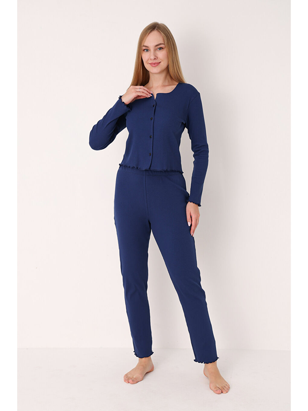 Lacivert Önden Düğmeli Pijama Takımı-1