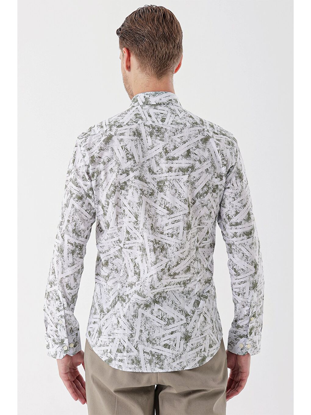 Beyaz Uzun Kollu Baskılı Bez Ayağı Cepsiz Garnili Klasik Slim Fit Dar Kesim Gömlek 1004230229-5