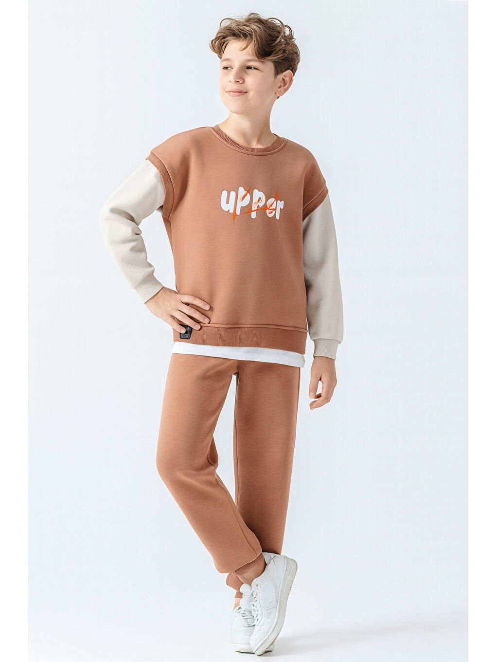 Kahverengi Erkek Çocuk Upper Baskılı 3 İplik Kalın Kışlık Eşofman Takımı Ak4231-1