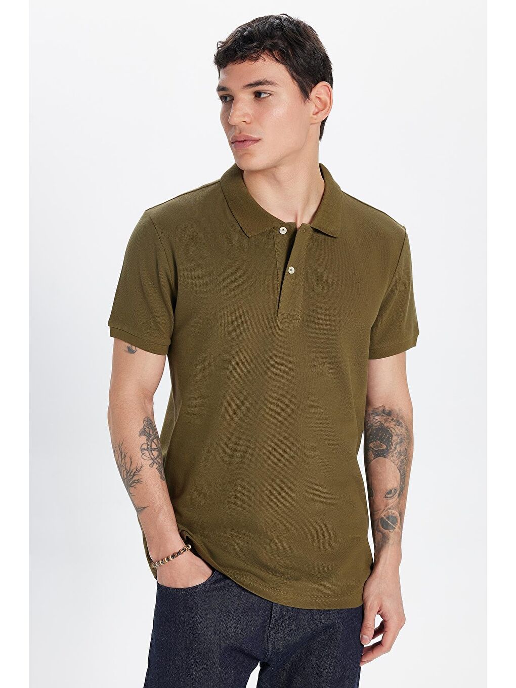 Erkek Slim Fit Dar Kesim %100 Pamuk Haki Polo Yaka Tişört-1