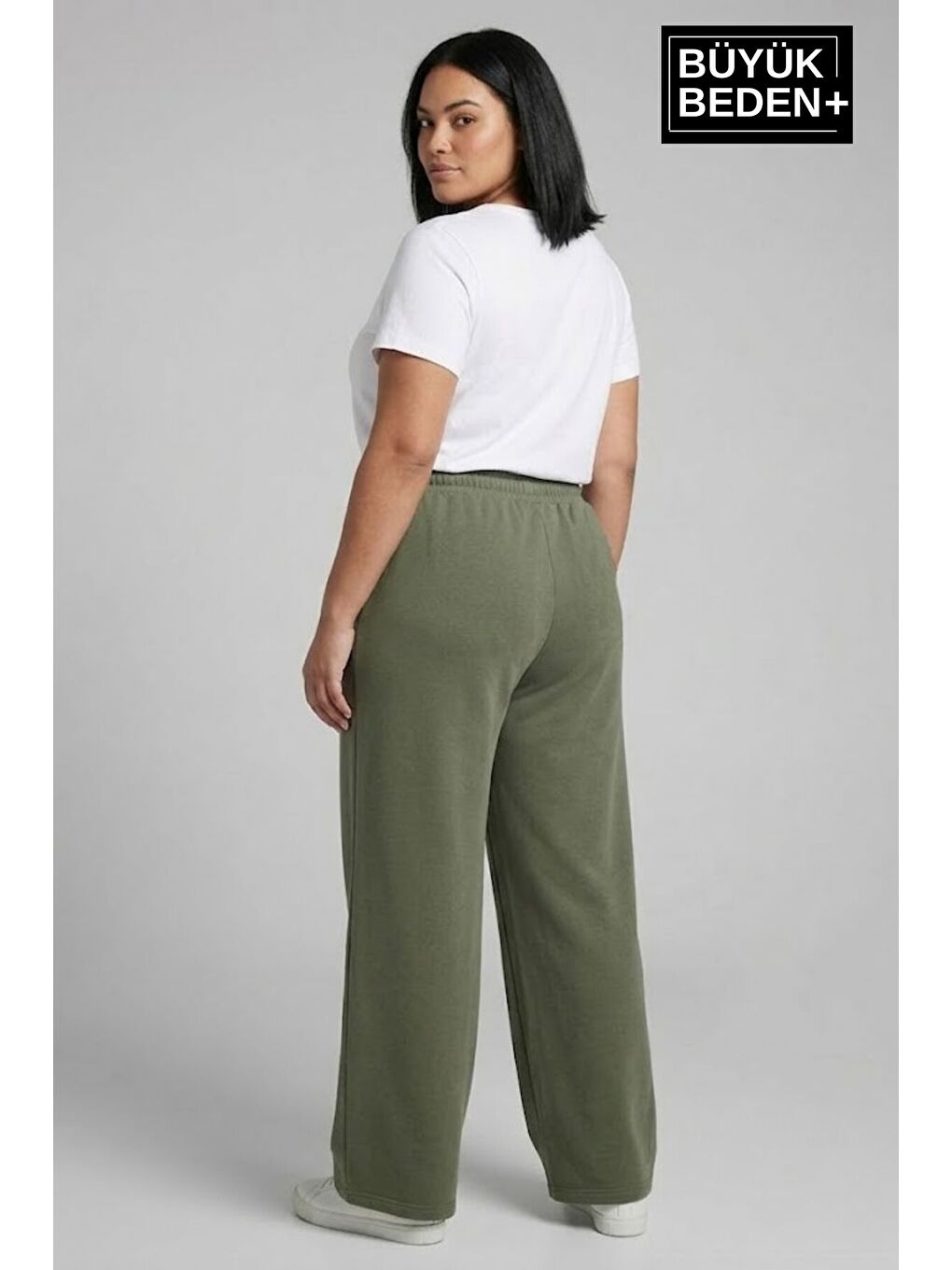 Haki Kadın Büyük Beden Bol Paça Yüksek Bel Lastikli Salaş Eşofman Altı SPR26BEA988-2