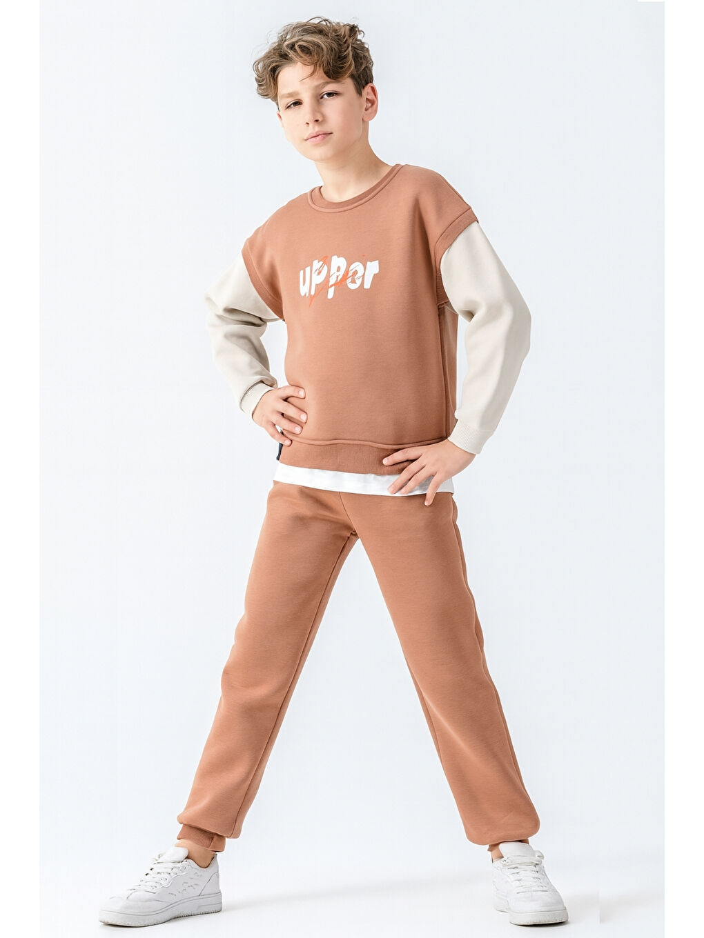 Kahverengi Erkek Çocuk Upper Baskılı 3 İplik Kalın Kışlık Eşofman Takımı Ak4231-2