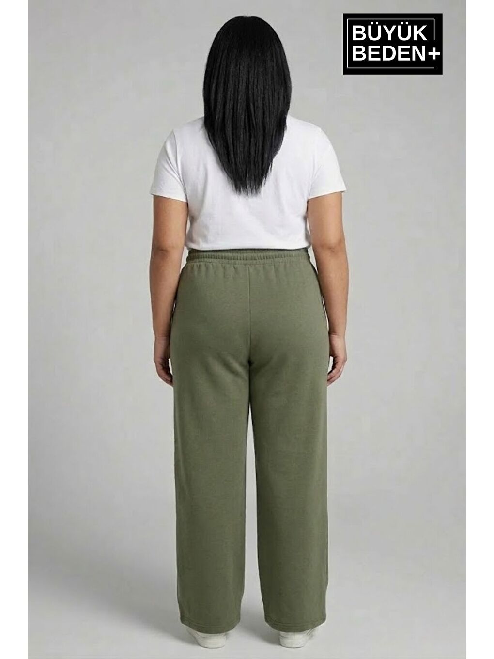 Haki Kadın Büyük Beden Bol Paça Yüksek Bel Lastikli Salaş Eşofman Altı SPR26BEA988-3