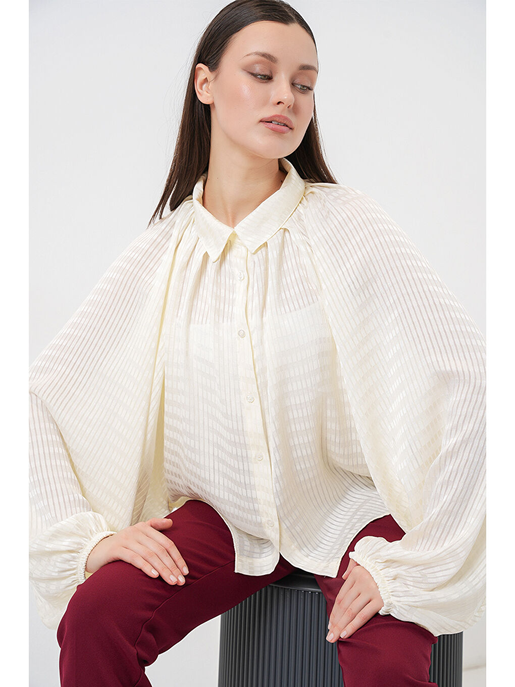 Kadın Yarasa Kol Oversize Gömlek 20368 - Ekru-1