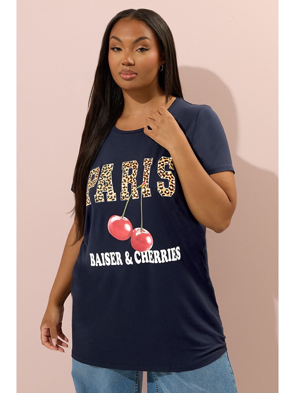 Lacivert Büyük Beden Kısa Kollu Bisiklet Yaka Baskılı T-shirt 304174