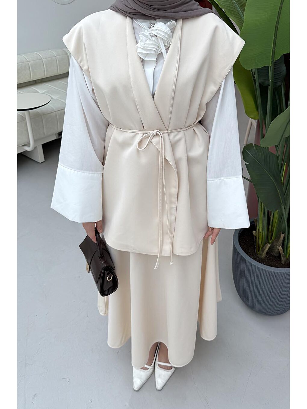 Ekru Yelek-Etek İkili Tesettür Takım Krem-2