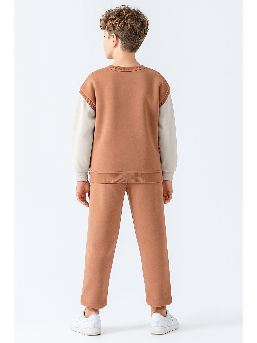 Kahverengi Erkek Çocuk Upper Baskılı 3 İplik Kalın Kışlık Eşofman Takımı Ak4231-3