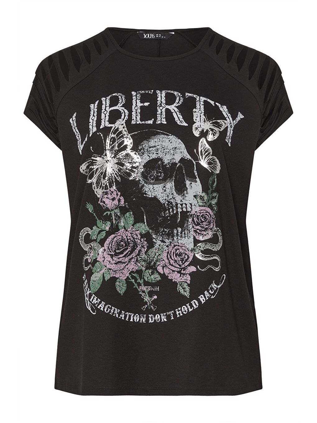 Siyah Büyük Beden Bisiklet Yaka Kol Detaylı Kuru Kafa Baskılı T-shirt 322639-7