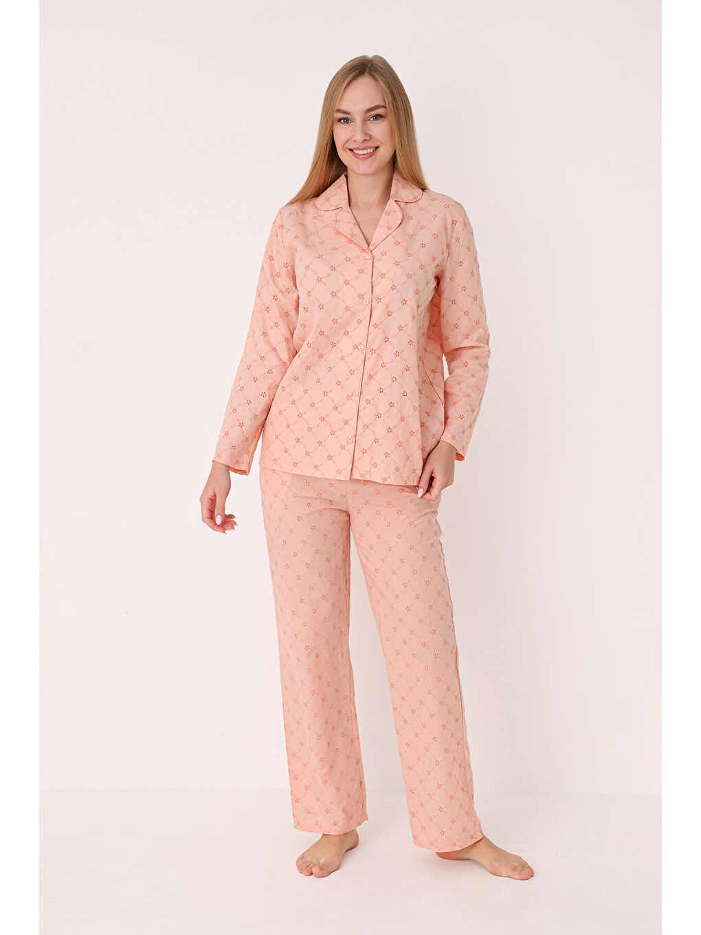 Pembe Somon Dahlia Önden Düğmeli Pijama Takım