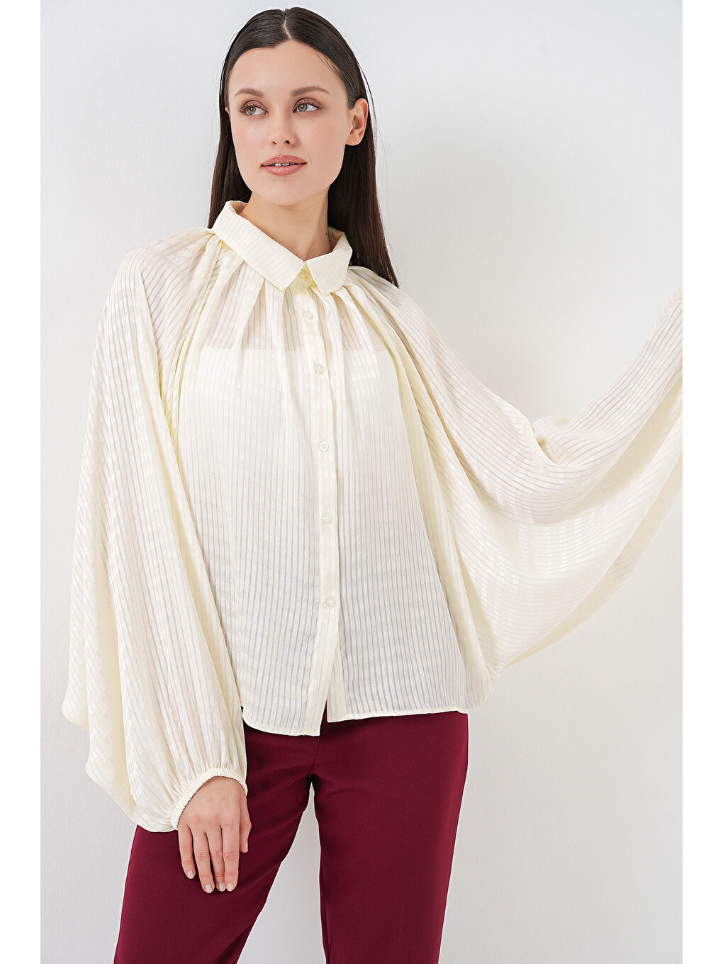 Kadın Yarasa Kol Oversize Gömlek 20368 - Ekru-2