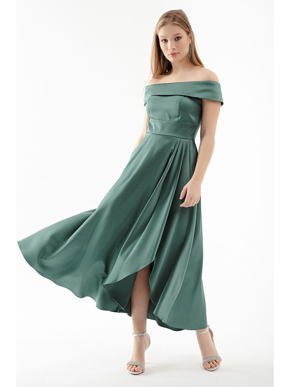 Mavi Kadın Firuze Kayık Yaka Midi Saten Abiye Elbise-1