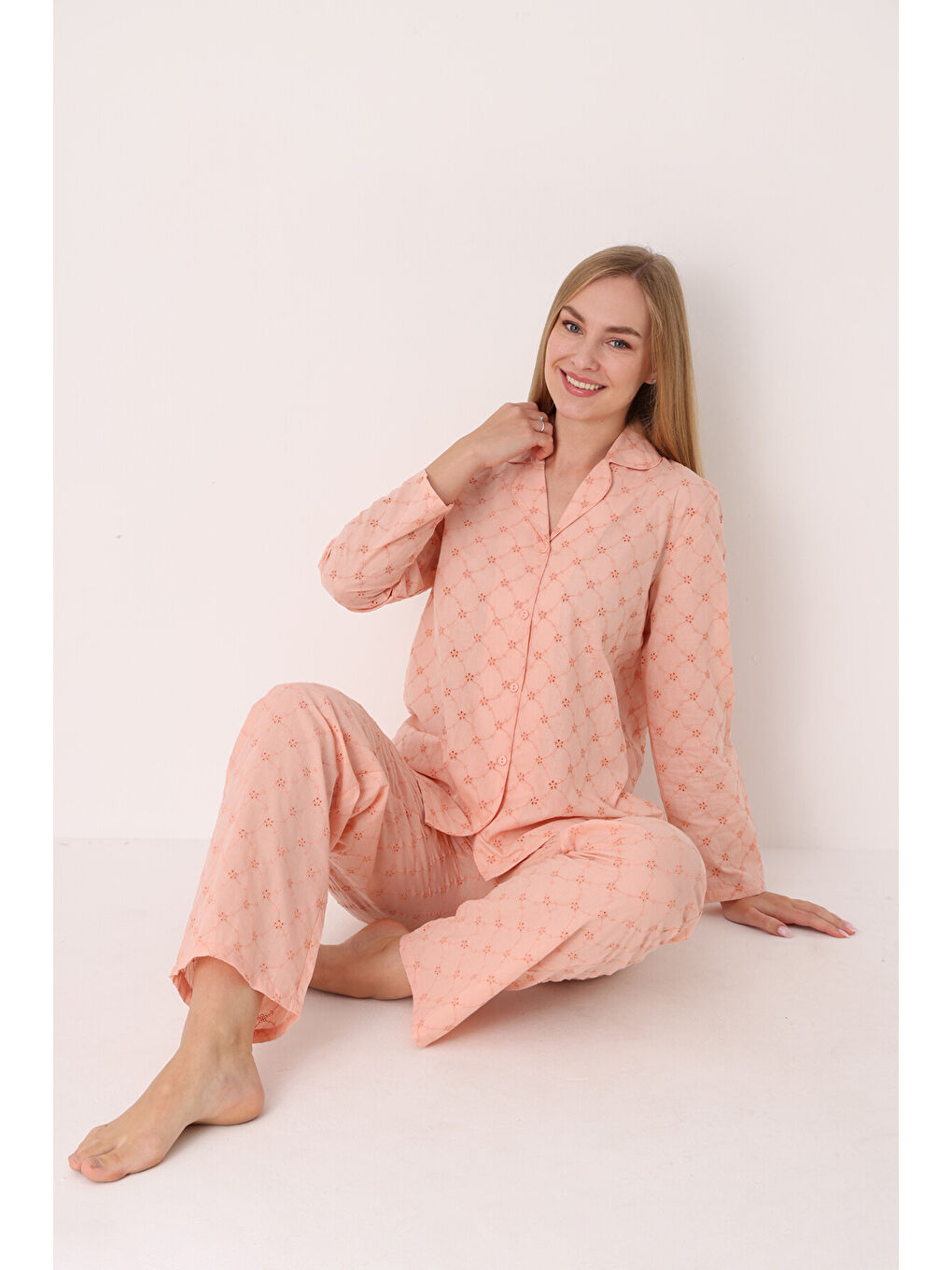 Pembe Somon Dahlia Önden Düğmeli Pijama Takım-2