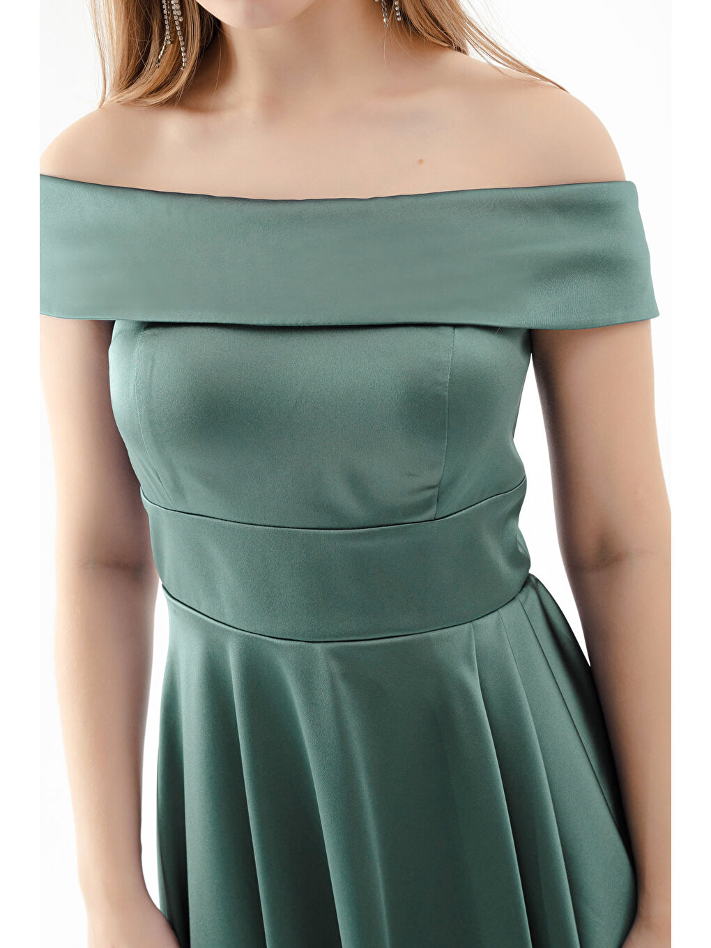 Mavi Kadın Firuze Kayık Yaka Midi Saten Abiye Elbise-3