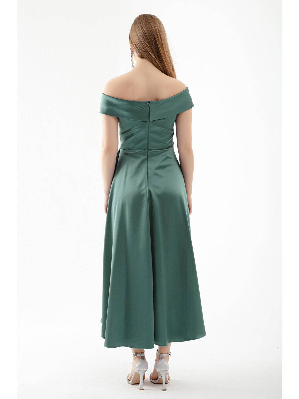 Mavi Kadın Firuze Kayık Yaka Midi Saten Abiye Elbise-4