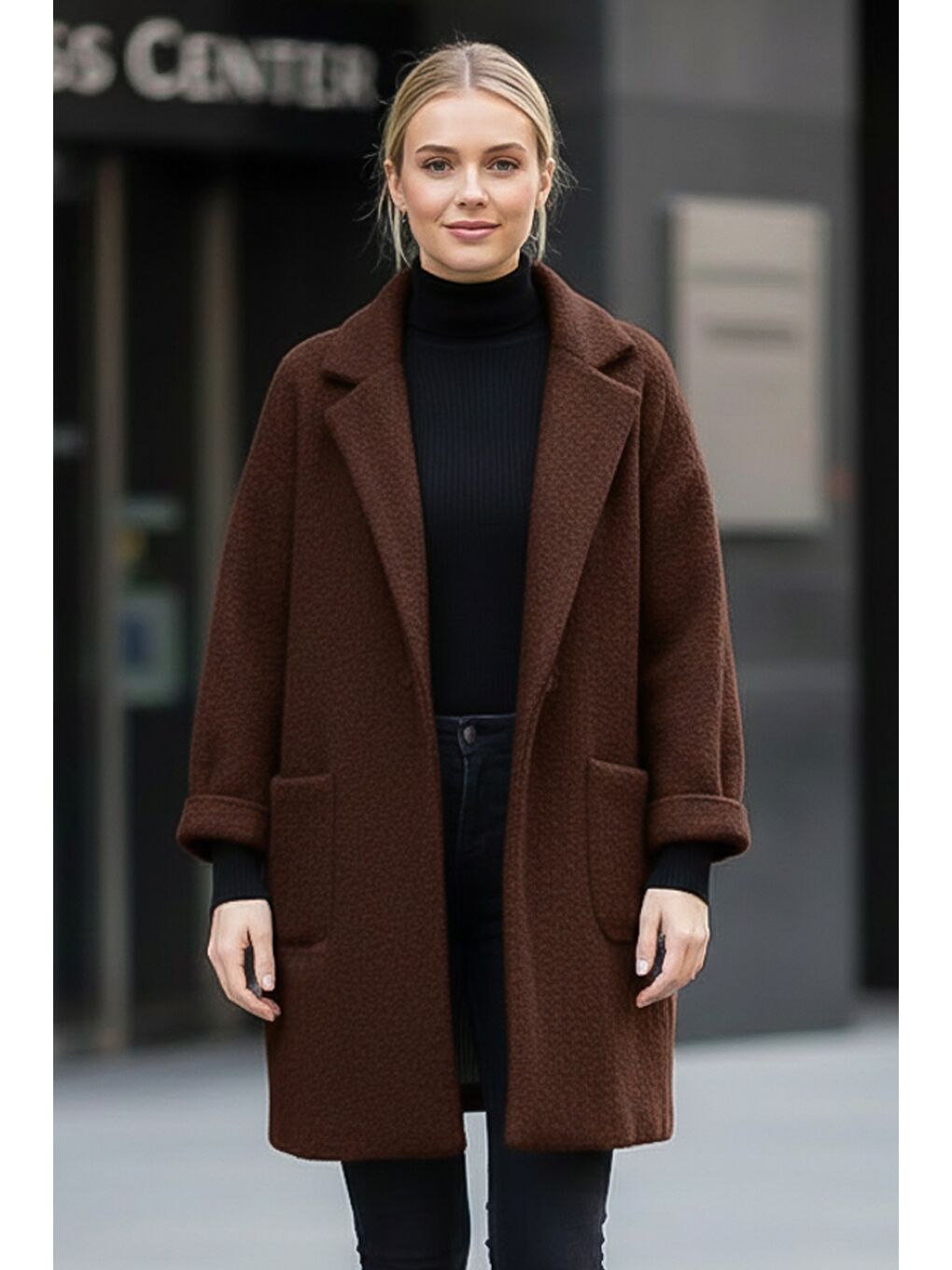 İtalyan Kahverengi Ceket Yaka Uzun Kol Düğmeli Cepli Casual Buklet Oversize Dokuma Ceket 98 68