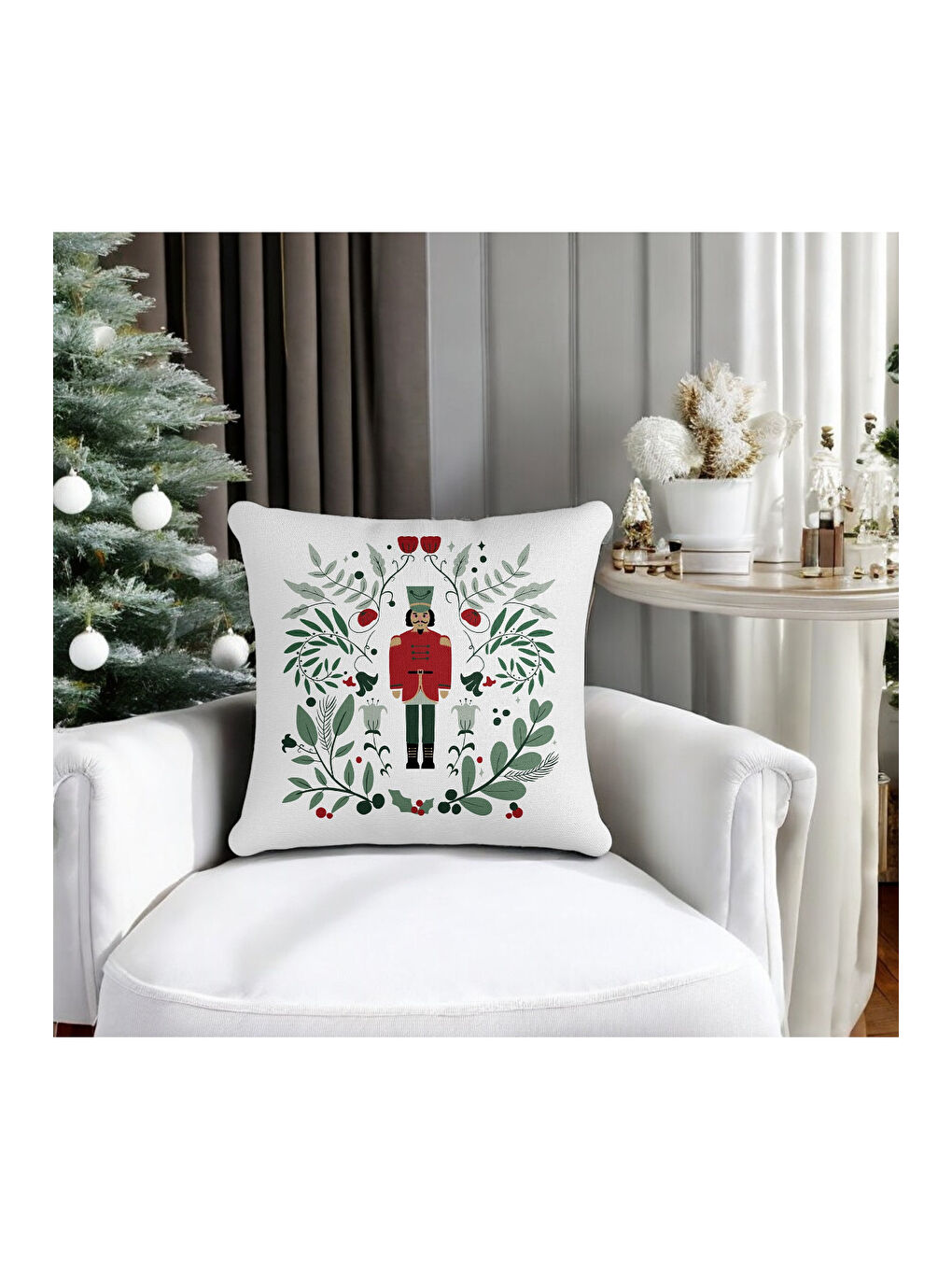 Yeşil Yılbaşı Temalı Kurşun Asker Kokina Çiçek Desenli Dekoratif Kırlent Kılıfı - Beyaz 43x43