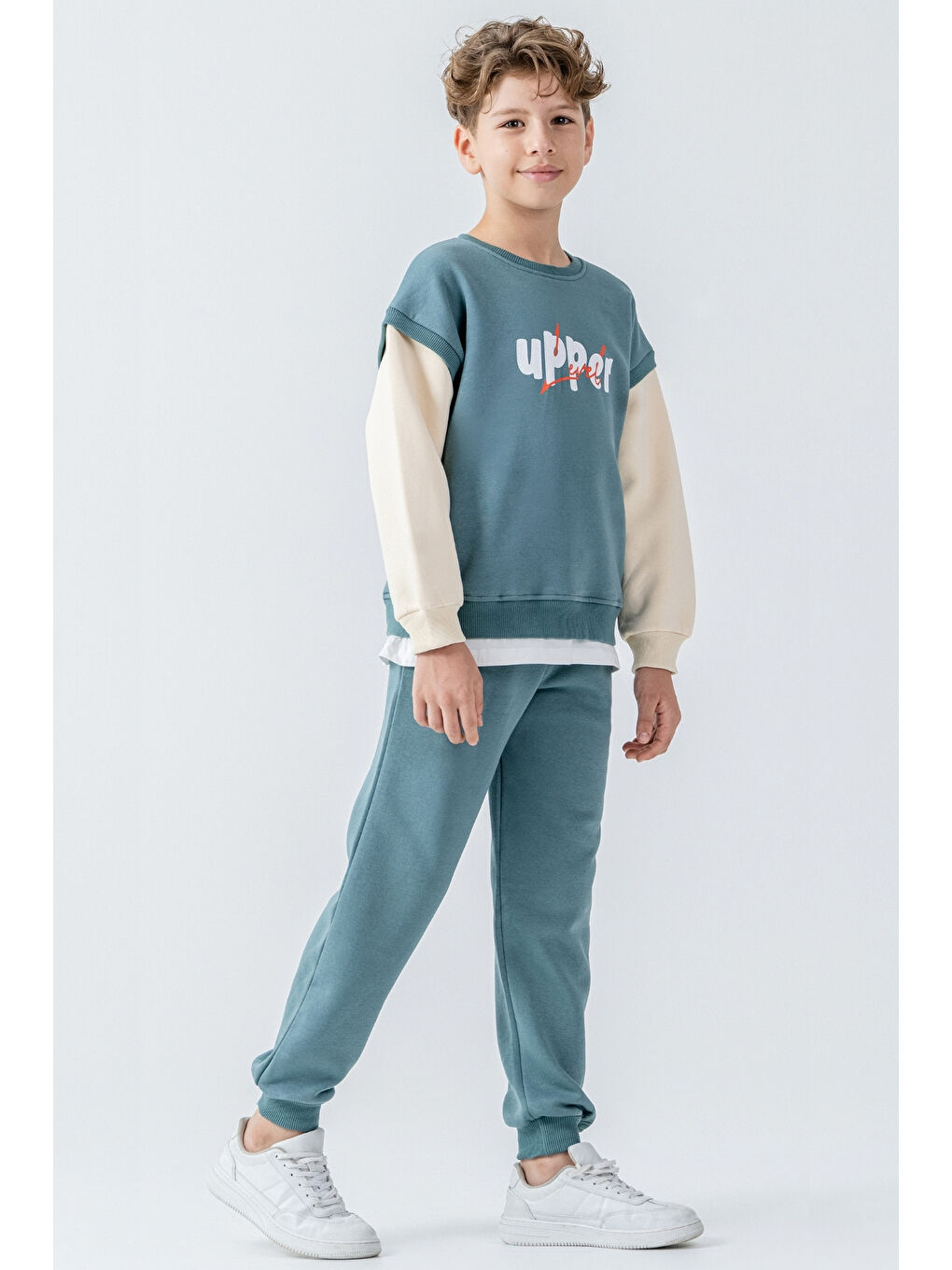 Mavi Erkek Çocuk Upper Baskılı 3 İplik Kalın Kışlık Eşofman Takımı Ak4231-1