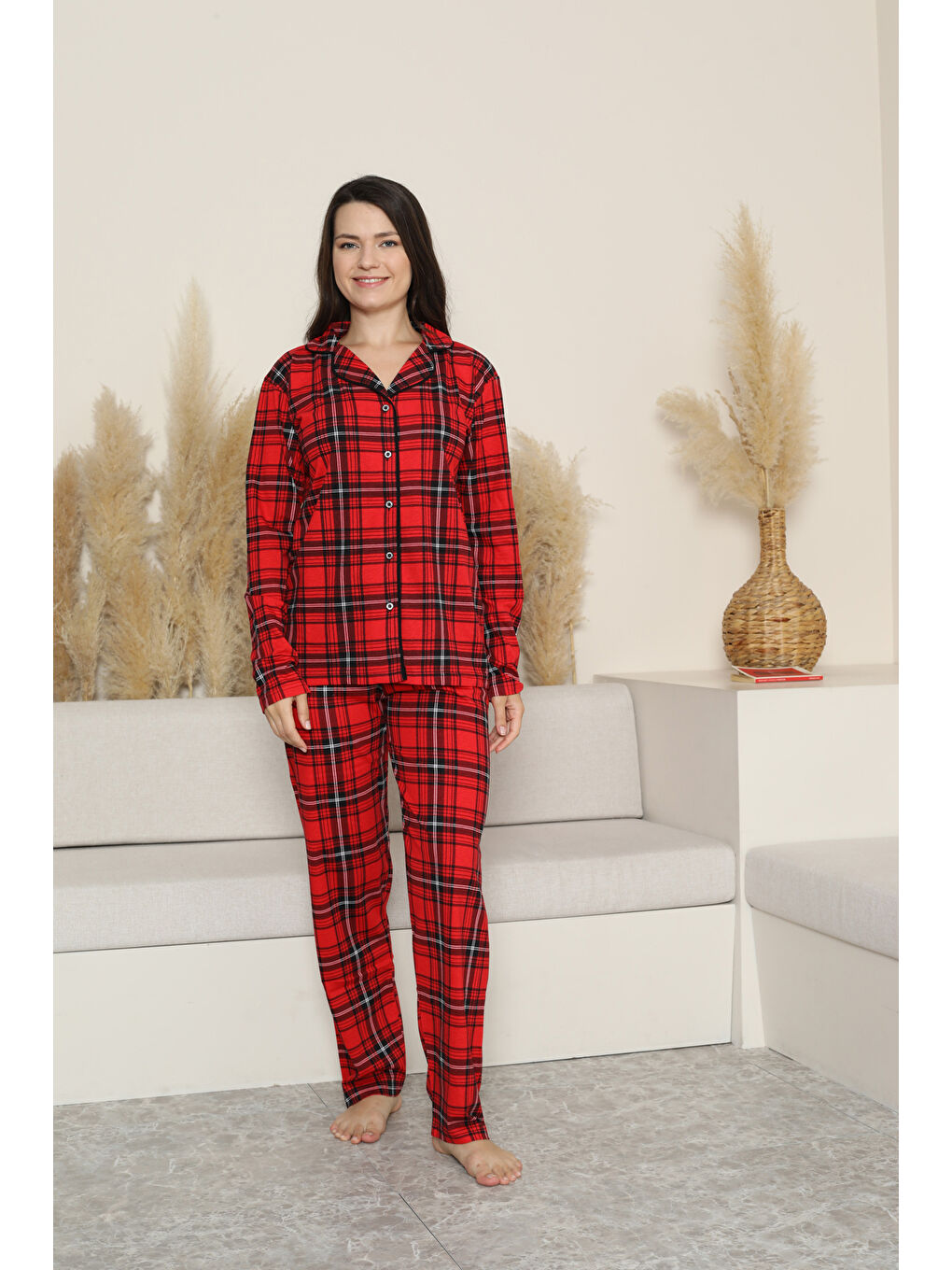 Bordo Kadın Pijama Takımı-Ekose Desenli - Pat Yakalı-Düğmeli 12285-1