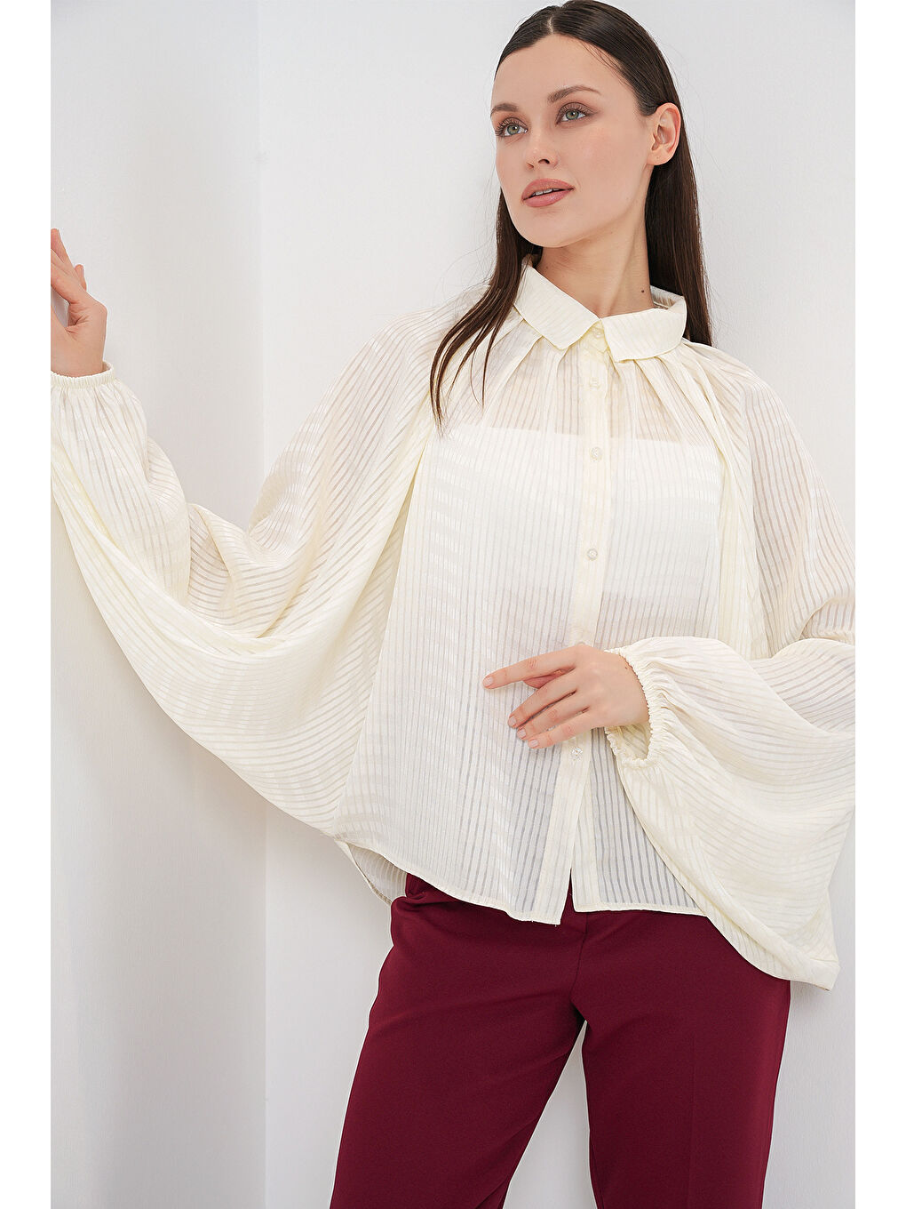 Kadın Yarasa Kol Oversize Gömlek 20368 - Ekru-4