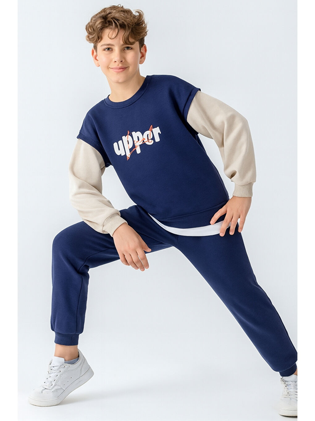 Lacivert Erkek Çocuk Upper Baskılı 3 İplik Kalın Kışlık Eşofman Takımı Ak4231-1