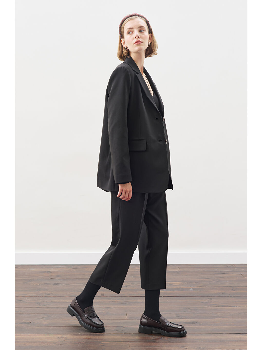 Kuşaklı Tek Düğmeli Blazer Ceket Siyah-5