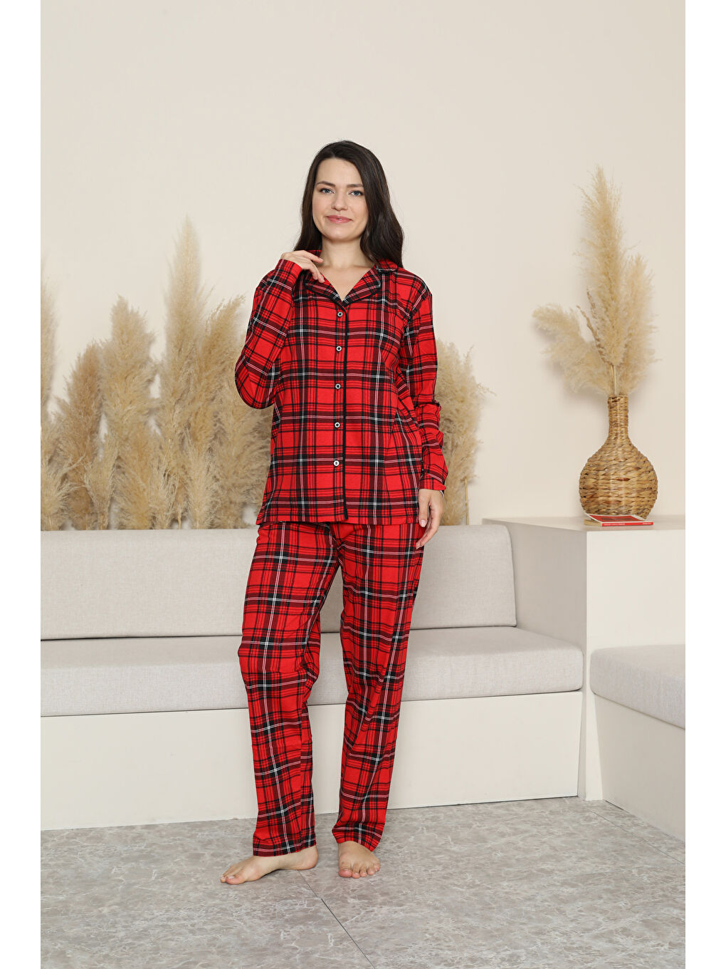 Bordo Kadın Pijama Takımı-Ekose Desenli - Pat Yakalı-Düğmeli 12285-2